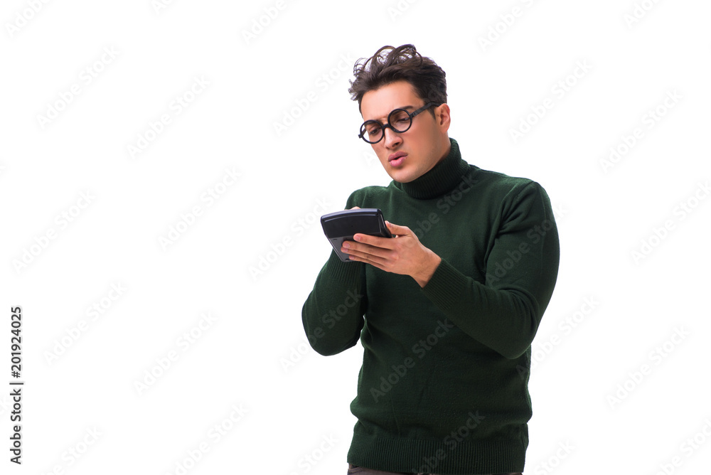 Nerd young man with calculator isolated on white Nerd young man with calculator isolated on white