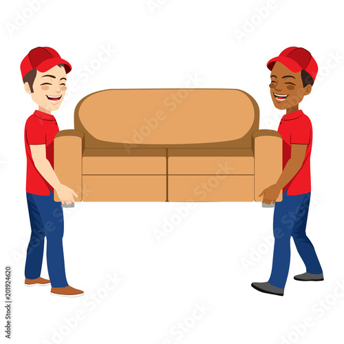 Two delivery workers holding couch working helping on real estate moving