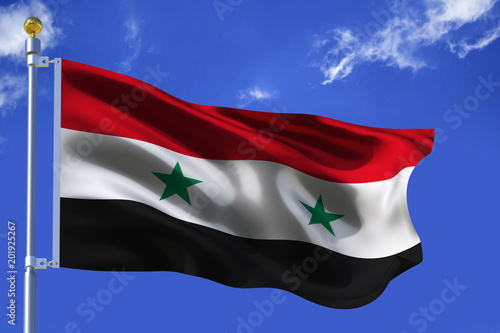 The silk waving flag of Syria with a flagpole on a blue sky background with clouds .3D illustration.