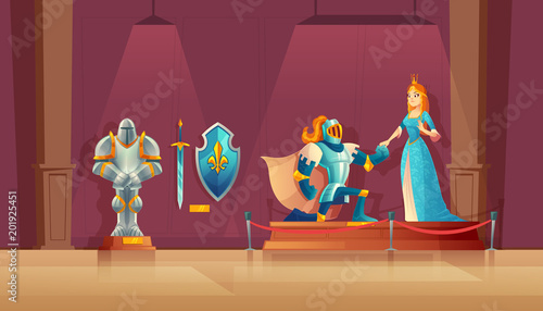 Vector museum concept, medieval exhibition. Armored knight with helmet, princess in blue silk dress, statue of warrior, ancient shield. Field trip in history, excursion in presentation hall, showroom