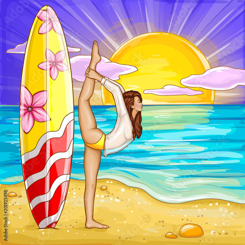 Vector pop art surfing girl doing yoga on the sand beach. Flexible woman in bikini, swimsuit with surf board near of summer ocean. Bright surfboard, dawn, vacation concept, poster for season sale