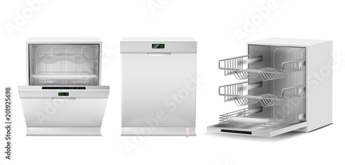 Vector 3d realistic dishwasher with open, closed door, digital display. Front, side view of dishwashing machine isolated on white background. Modern household appliance for washing utensil, dishware