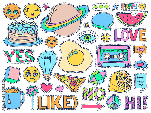 Patch badges set college doodles social media colorful 3