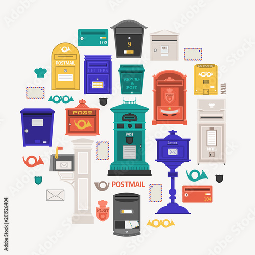 Retro post office card with vertical pillar letter-box, public wall letterboxes and mail posts with envelope and horn symbols. Vintage mailbox circle print with classic london royal post box icons.