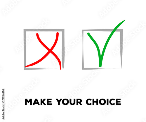 Yes and No Vector Set Square Frames, Isolated.  Hand Painted Election, Quizz, Voting, Test Symbols. Ink Brush Rejection and Approval, Query Choice Icons. Yes and No Tick and Cross Symbolic Marks.