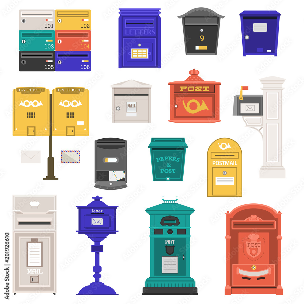 Retro street postbox collection with vertical pillar letter-box, public wall letterboxes and mail posts with envelope and horn symbols. Vintage mailbox set with classic london royal post box icons.