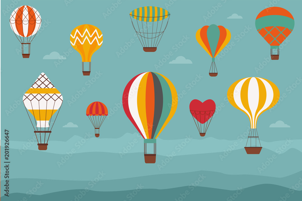 Fototapeta premium Landscape with hot air balloons. Vintage banner with retro aerostats of different shapes flying over the hills or mountains. Air craft adventure, romantic flight trip, touristic ballooning journey.