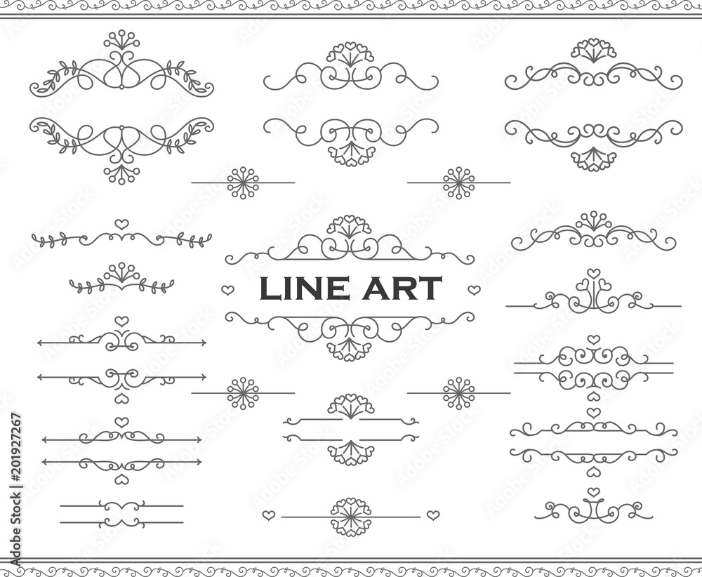 Line art frames and scroll elements. Floral linear border design elements. Flourishes Calligraphic ornaments. Vector elements for wedding or Valentine`s day cards, invitation, flyer etc.