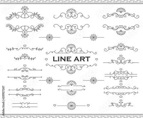 Line art frames and scroll elements. Floral linear border design elements. Flourishes Calligraphic ornaments. Vector elements for wedding or Valentine`s day cards, invitation, flyer etc.