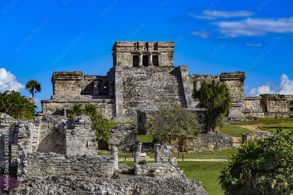 Mexico. The Mayan city of Tulum. Remains of the Castle (El Castillo)