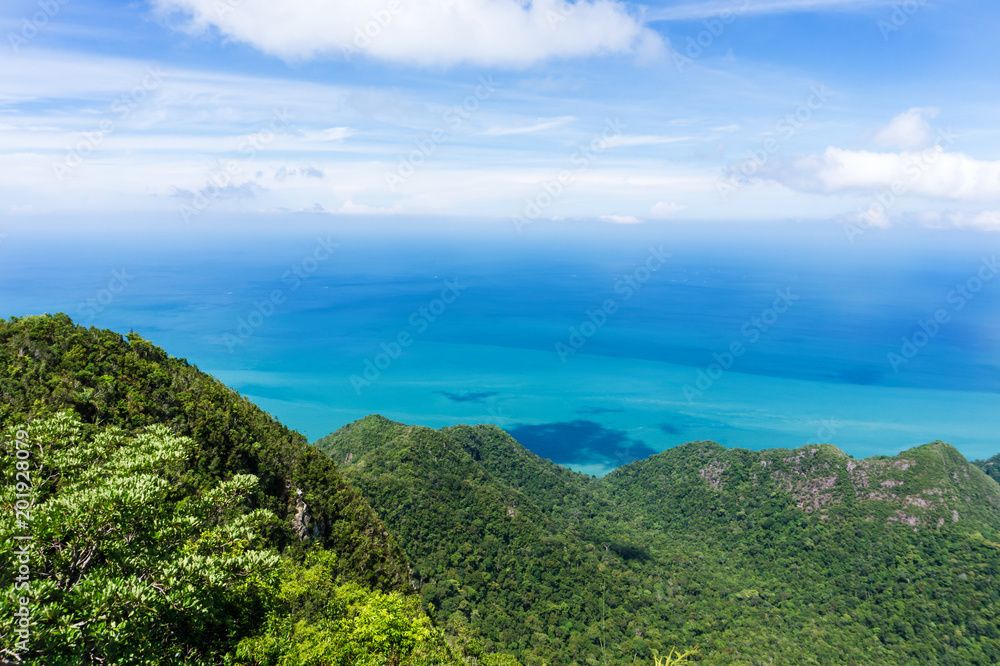 The view of tropical Langkawi Island from the top of the mountain.