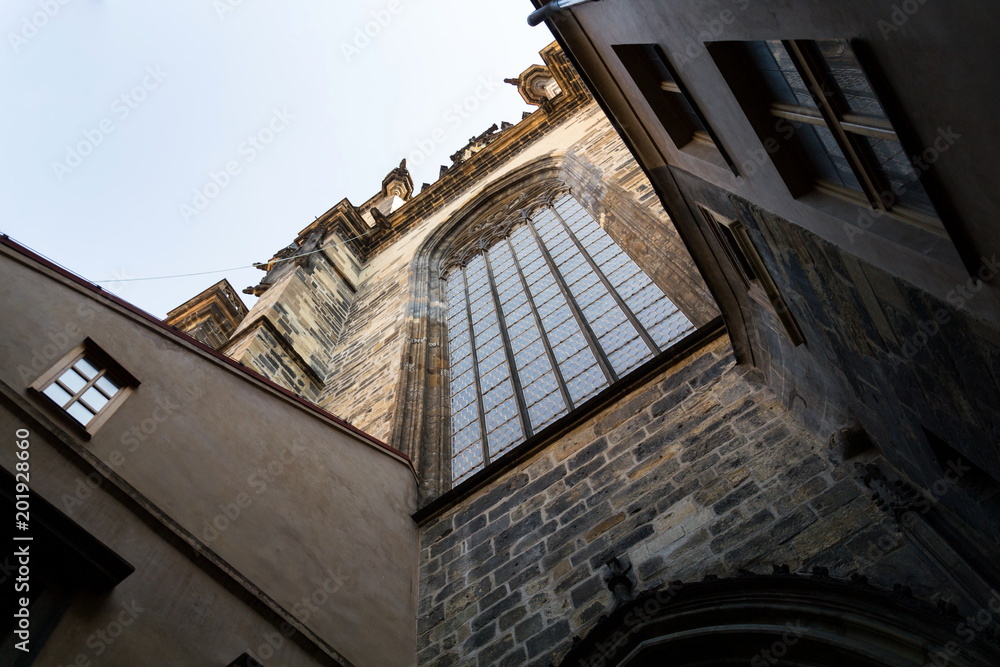 Bottom view from entrance door of gothic Church of Our Lady before Tyn, Prague, Czech Republic, clear sky sunny day
