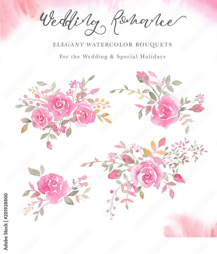 Handpainted watercolor arrangements with rose flowers, rosebuds, leaves.