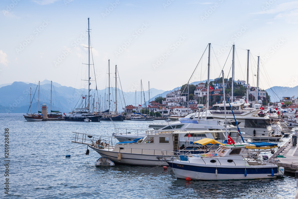 Pleasure boats and yacht at the sea pier in Marmaris, Turkey