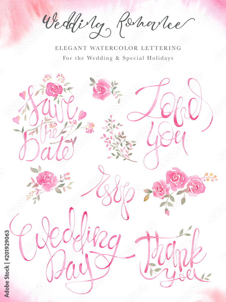 Weddimg lettering calligraphy set with elegant pink design.