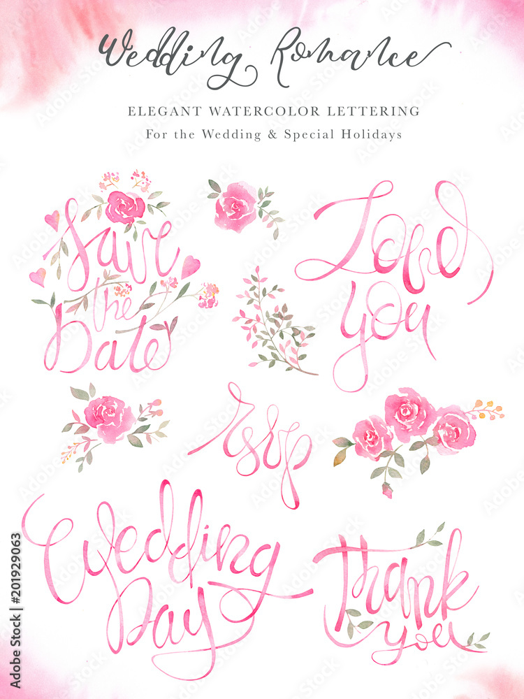 Naklejka premium Weddimg lettering calligraphy set with elegant pink design.
