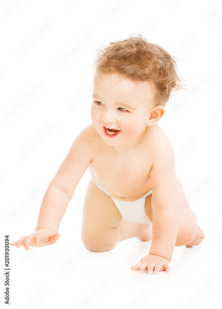 Crawling Baby Boy, Happy Child in Diaper Crawl Isolated over White Background, Infant Kid one year old Crawling Baby Boy, Happy Child in Diaper Crawl Isolated over White Background, Infant Kid one year old