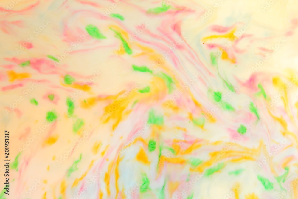 Fototapeta premium Multicolored abstract background, multicolored pattern of paints on liquid, blank for designer, paint divorces in milk, bright texture on white background, minimalism, creative blank for wallpaper
