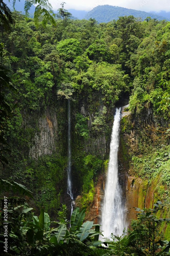 Naklejka premium Catarata Del Toro waterfall cascades down into an old volcano crater.