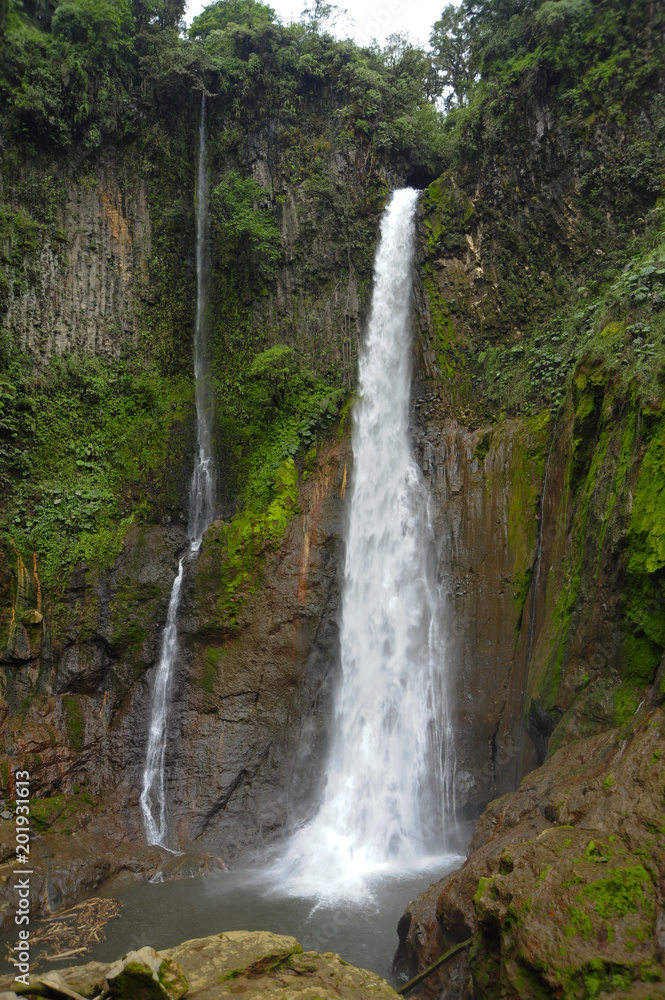 Catarata Del Toro waterfall cascades down into an old volcano crater. Catarata Del Toro waterfall cascades down into an old volcano crater.