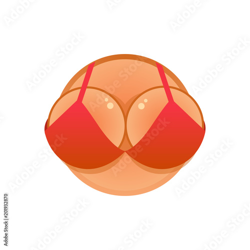 Round Vector Logotype with Girl's Body and Boobs in Red Bra - Creative and Attractive Emblem.