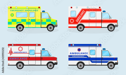 Set of four emergency ambulance cars. Ambulance car side view. Emergency medical service vehicle.