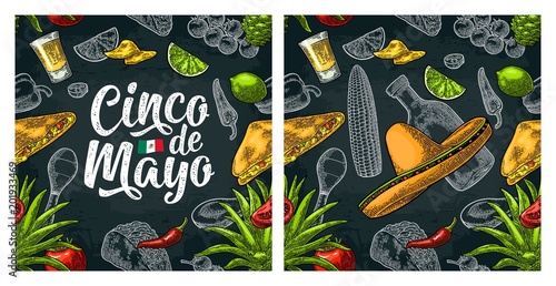 Seamless pattern mexican food and Cinco de Mayo handwriting lettering.