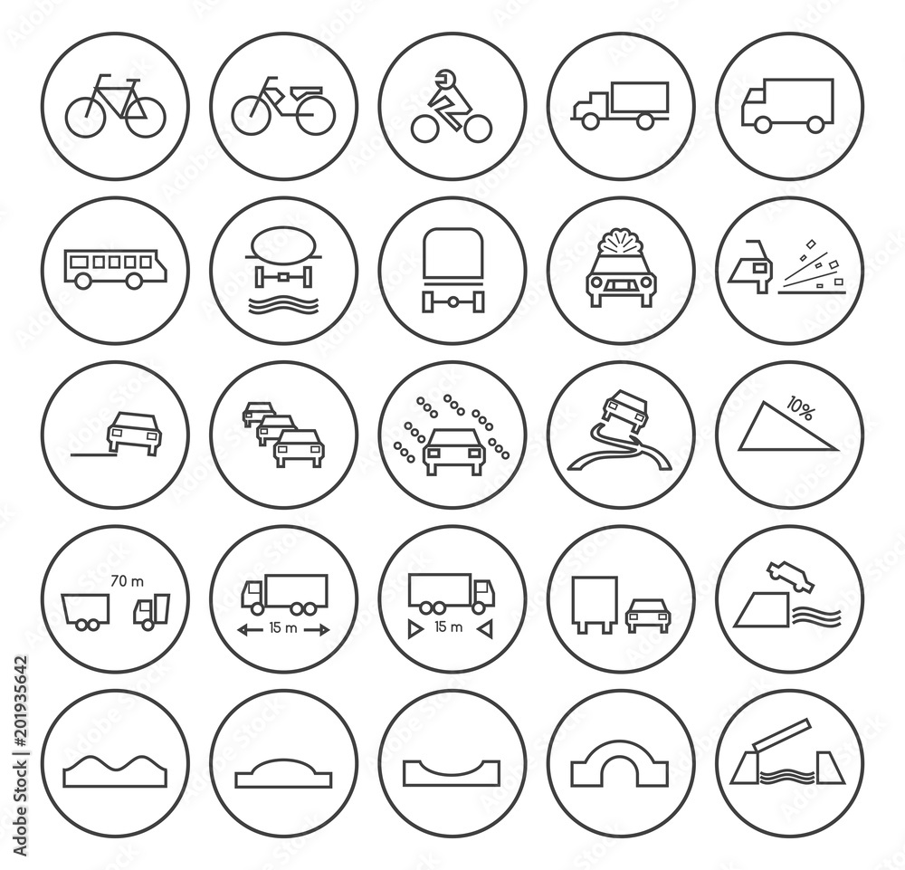 Set of Quality Universal Standard Minimal Simple Black Thin Line Traffic Signs Icons on Circular Buttons on White Background Set of Quality Universal Standard Minimal Simple Black Thin Line Traffic Signs Icons on Circular Buttons on White Background