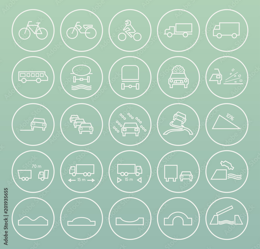 Set of Quality Universal Standard Minimal Simple White Thin Line Traffic Signs Icons on Circular Buttons on Color Background Set of Quality Universal Standard Minimal Simple White Thin Line Traffic Signs Icons on Circular Buttons on Color Background