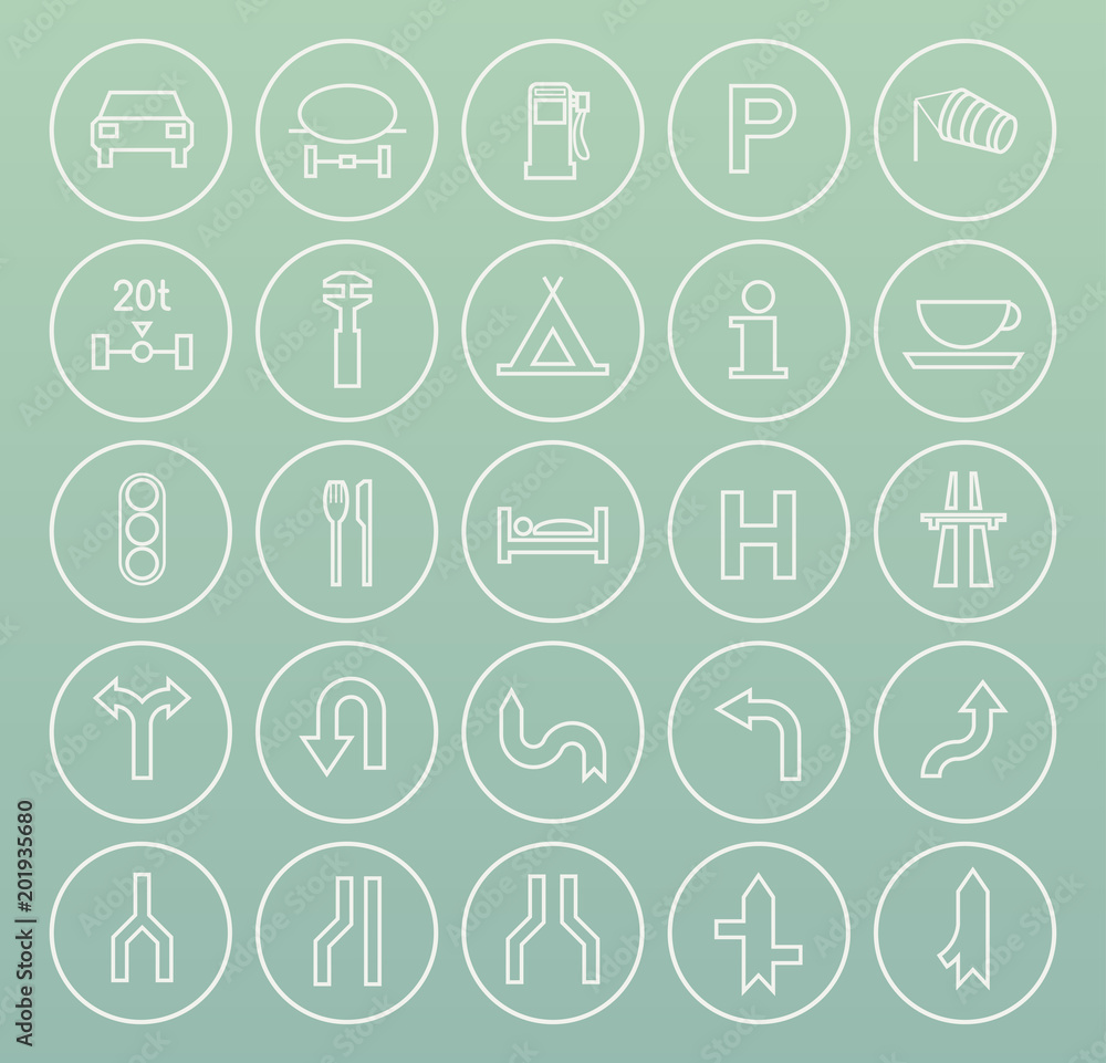 Set of Quality Universal Standard Minimal Simple White Thin Line Traffic Signs Icons on Circular Buttons on Color Background Set of Quality Universal Standard Minimal Simple White Thin Line Traffic Signs Icons on Circular Buttons on Color Background