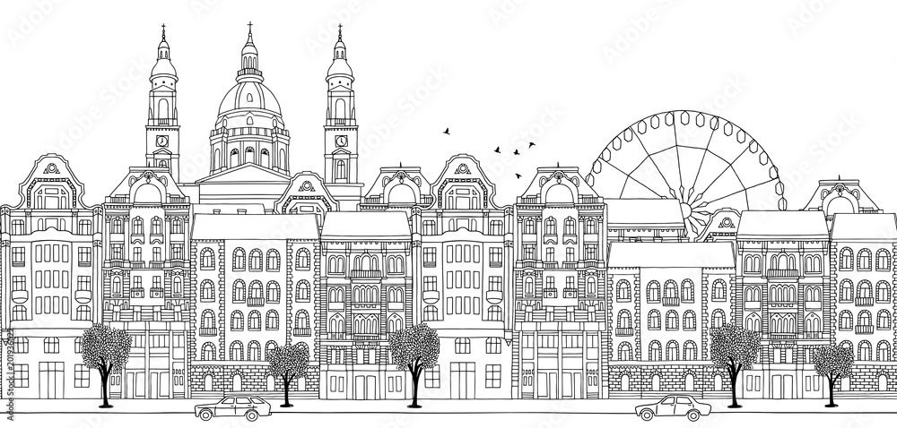 Budapest, Hungary - Seamless banner of the city’s skyline, hand drawn black and white illustration