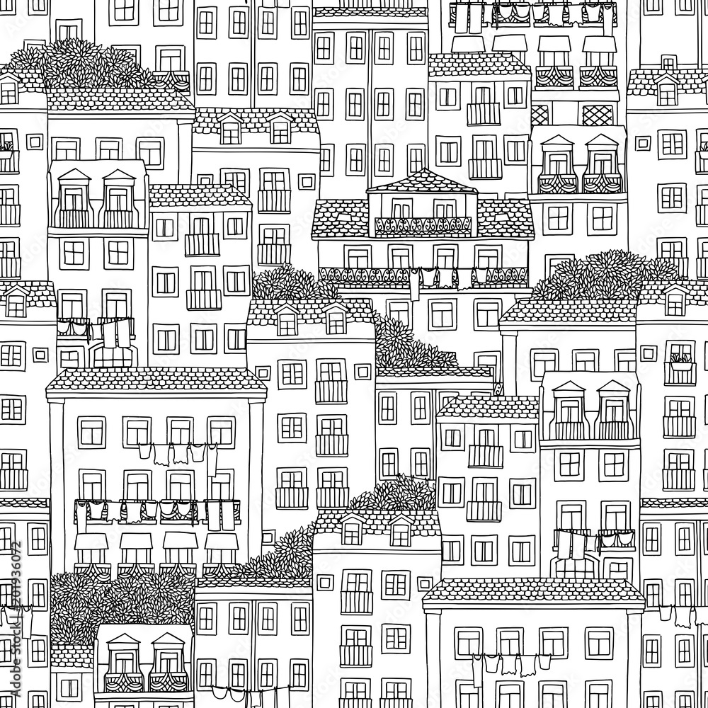 Hand drawn seamless pattern of Portuguese houses Hand drawn seamless pattern of Portuguese houses
