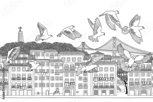 Birds over Lisbon - hand drawn black and white illustration of the city with a flock of pigeons