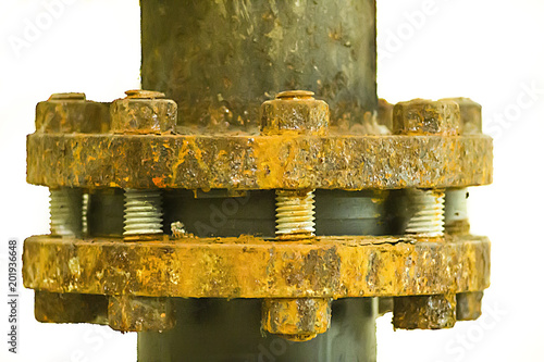 The flanges of valves with bolts and nuts corrosion isolated.