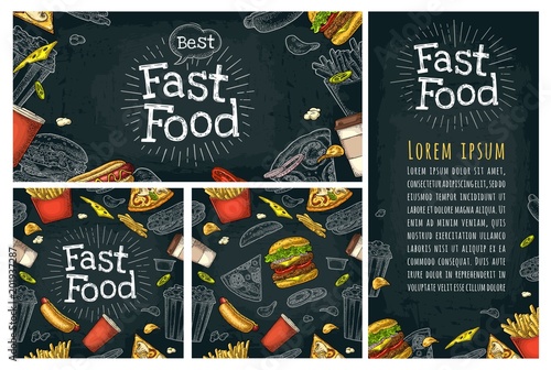 Posters and seamless pattern fast food and lettering.