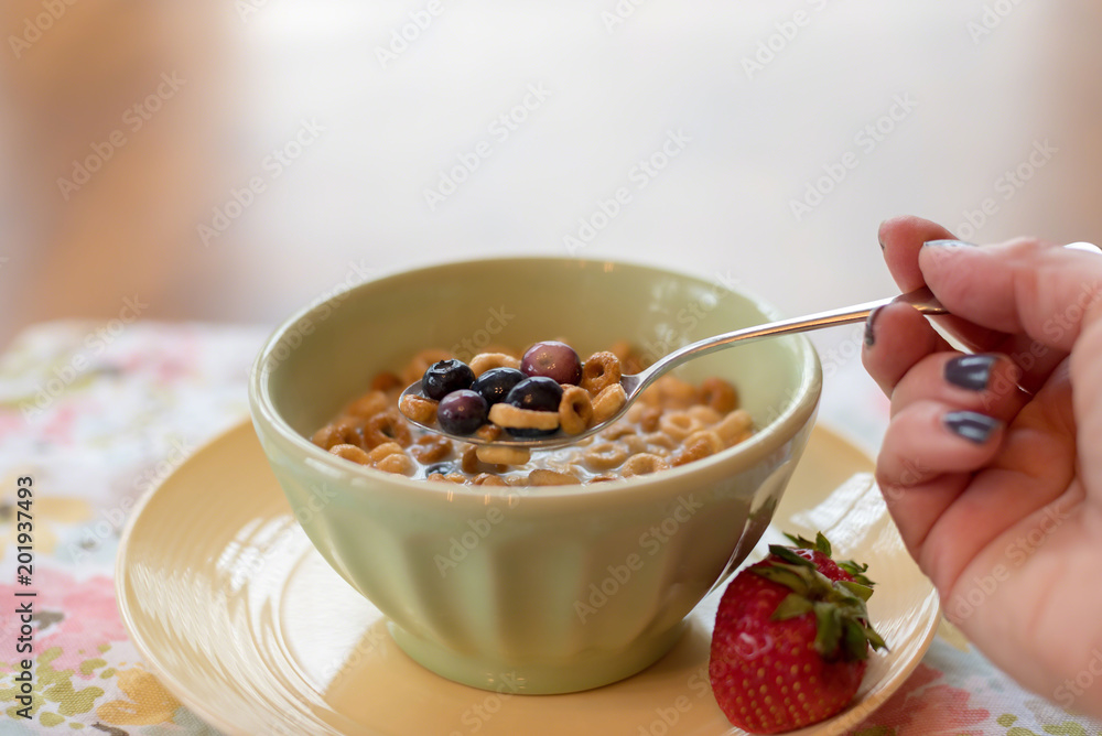 Bowl of cereal with fresh blueberries Bowl of cereal with fresh blueberries