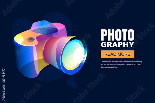 Vector glowing neon photo studio poster or banner background. Colorful 3d style photo camera. Professional photography and equipment concept.