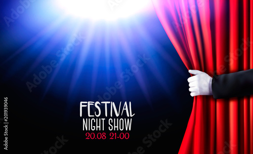 Background with red velvet curtain and hand. Vector illustration.