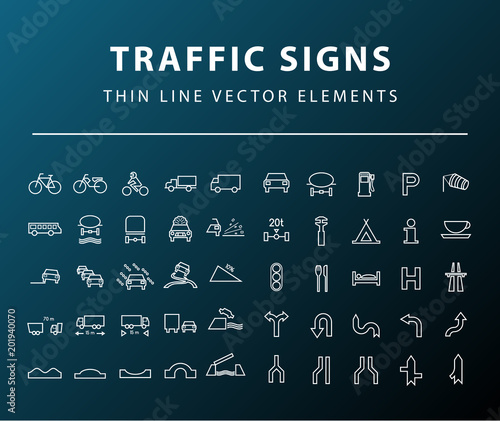 Set of 50 High Quality Universal Standard Minimal Simple White Thin Line Traffic Signs Icons on Dark Background 