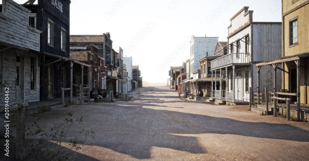 Western town road with various businesses and depth of field . 3d rendering