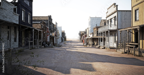 Western town road with various businesses and depth of field . 3d rendering photo