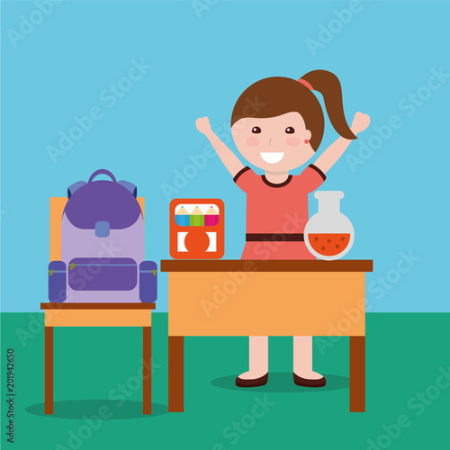 little girl student backpack test tube backpack and desk vector illustration