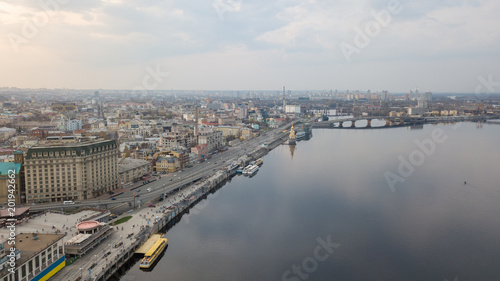 Beautiful View of the Dnieper river  River station  Havana bridge and Naberezhno-Kreschatitska street in Kiev  Ukraine.