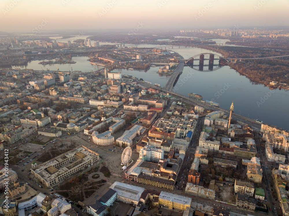 Aerial view of the Kiev city with Dnieper river, bridges and Obolon district in the background, Ukraine