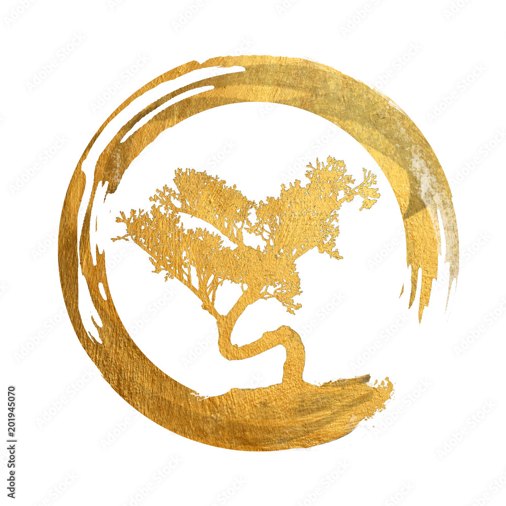 Bonsai Tree, Enso Circle, Feng Shui Symbol, Asian Art Calligraphy, Gold