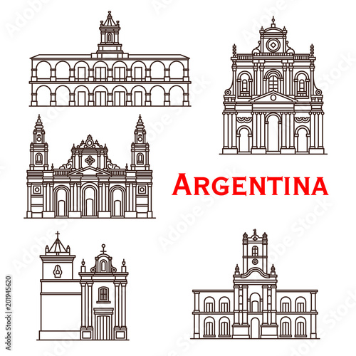 Argentina landmarks buildings vector line icons
