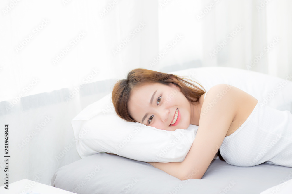 Portrait of beautiful asian young woman sleep lying in bed with head on pillow comfortable and happy with leisure, girl with relax for health and lifestyle concept. Portrait of beautiful asian young woman sleep lying in bed with head on pillow comfortable and happy with leisure, girl with relax for health and lifestyle concept.