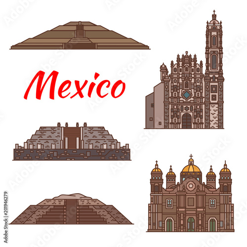 Mexico landmarks vector Aztec architecture icons photo