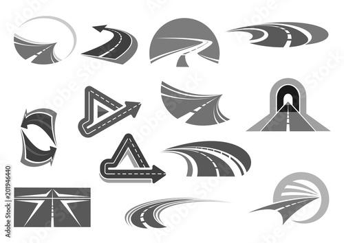 Vector icons of roads tunnels and highway signs