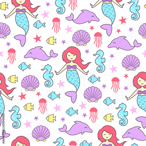 child seamless background.  mermaid and a undersea world. vector illustration